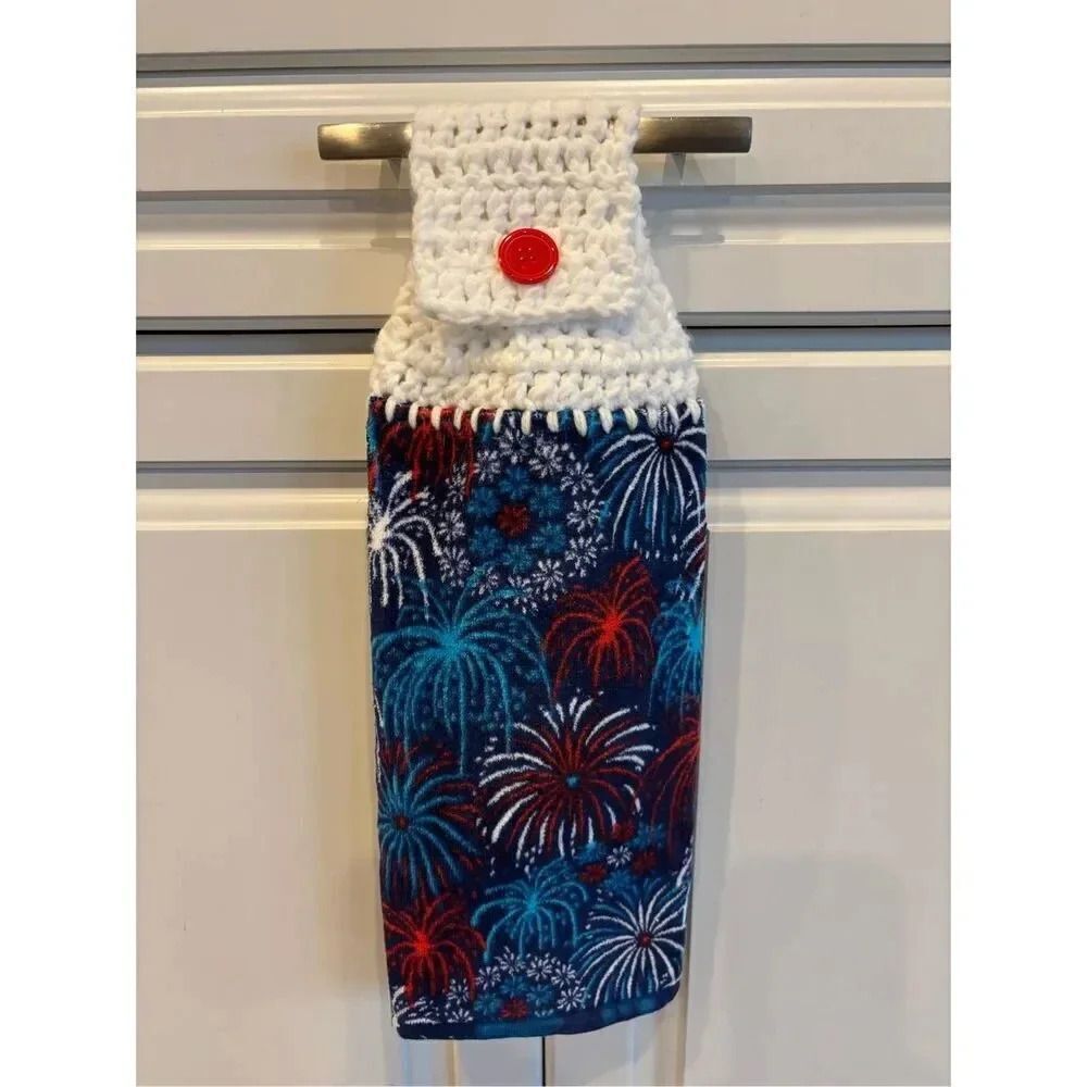 Crochet Top Kitchen Towel- Fireworks White topper red button